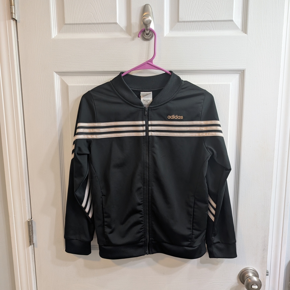 Adidas Youth Black With Rose Gold Stripes Full Zip Track Jacket - Size XL